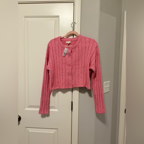 PacSun LA Hearts button front cardigan sweater cropped pink ribbed plush size S - Picture 6 of 10
